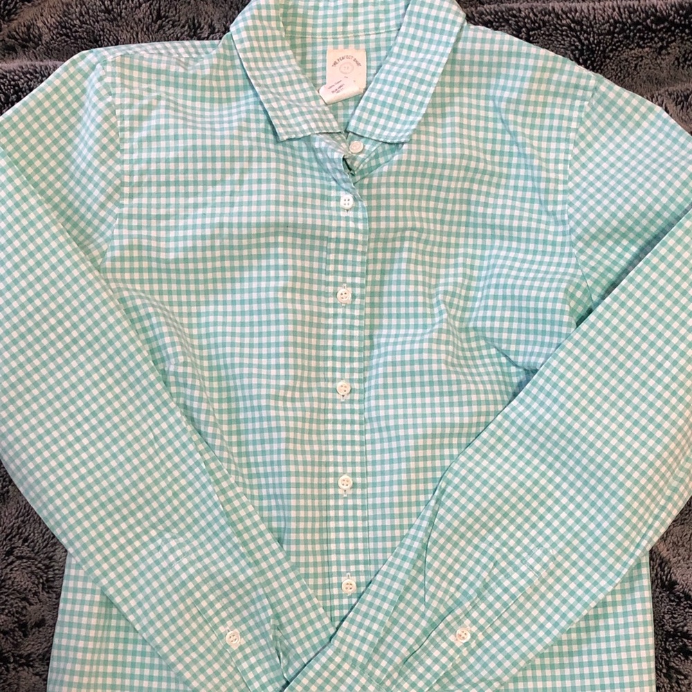 JCrew mint gingham perfect shirt sz 2 EUC